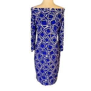 Jude Connally Off the Shoulder Royal Blue White Geometric Print Dress - XL